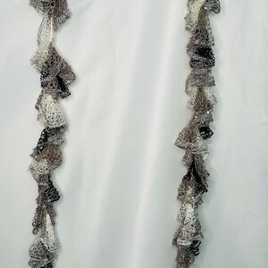 Whimsical Skinny Ruffled Scarf in Black, Gray, and White with sequins crochet